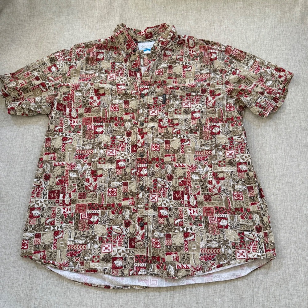 Columbia Sportswear Button Down Shirt Mens XXL Aloha Hawaiian Fish Graphic